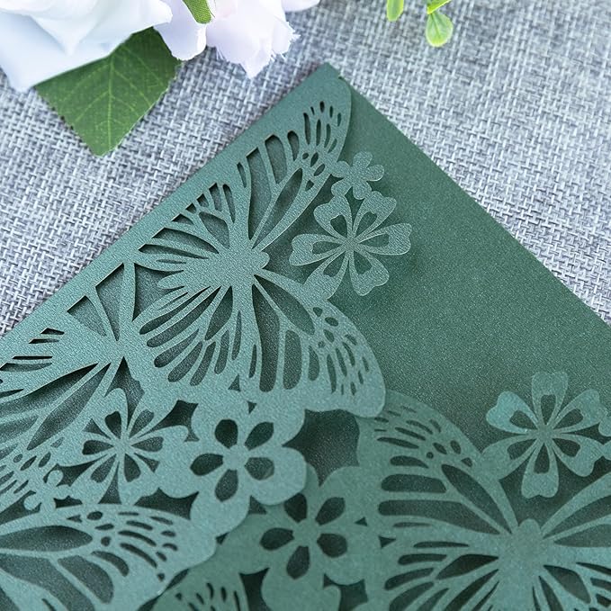 20 PCS 5.12x7.2 Butterfly Personalized Quinceanera Invitation, Customized XV Anos Laser Cut Invitation Cards with Envelopes (Emerald Green Personalized)