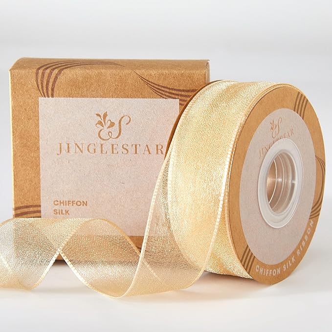 1 Inch Wide Sheer Chiffon Ribbon - Pearl Silk Woven Ribbon Suitable for Gift Wrapping, Wedding Decor, Home Decor, Girl Hair Accessories Handmade DIY (25 Yards/roll) (Champagne)