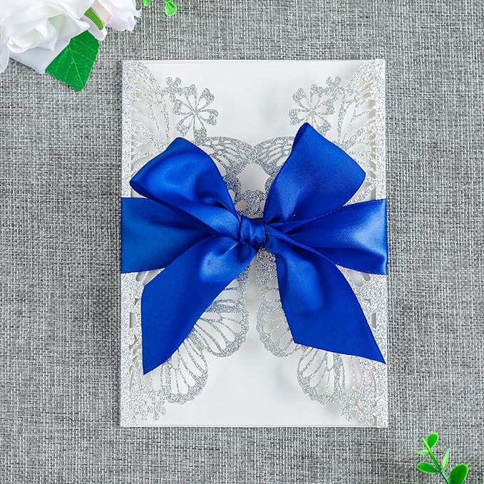 20 PCS 5.12x7.2 Butterfly Quinceanera Invitation, Laser Cut Wedding Invitation Cards with Envelopes for XV Anos Bridal Shower Baby Shower Invite (Silver Glitter)