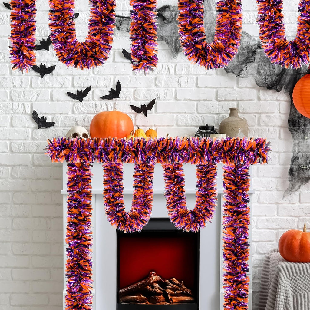 50 FT Halloween Tinsel Garland, Thick Glitter Hanging Streamers Black Orange Purple Mixed Color Metallic Tinsel Hanging Oranment for Halloween Party Supplies Indoor Outdoor Decoration