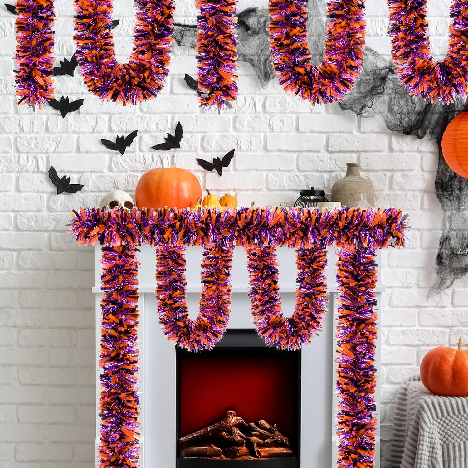 50 FT Halloween Tinsel Garland, Thick Glitter Hanging Streamers Black Orange Purple Mixed Color Metallic Tinsel Hanging Oranment for Halloween Party Supplies Indoor Outdoor Decoration