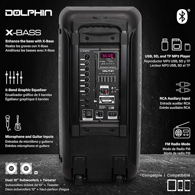 Dolphin 1000W Karaoke Party Speaker with 2 Wireless Microphones, Bluetooth, LED Lights, Tailgate Ready, and Long-Lasting Battery