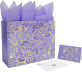Qirrmiy 13" Large Rose Purple Gift Bag Set with Greeting Card and Tissue Paper for Women or Girls for Celebrating Birthdays, Mother's Day, Valentine's Day, Weddings, Anniversaries