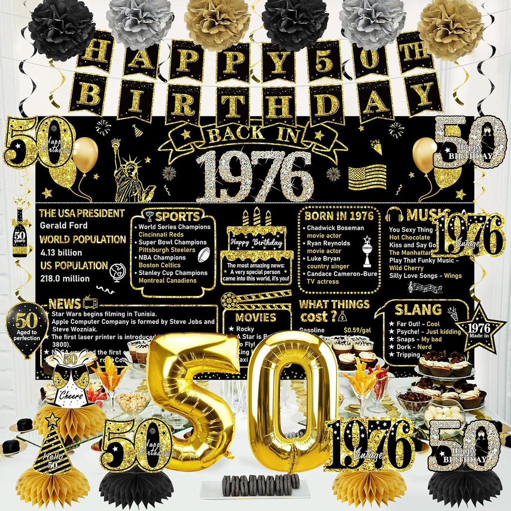 Zirtorei 50th Birthday Decorations for Men Women, 21pcs the Year 1976 Banner Balloon Party Supplies, Black Gold 50 Year Old Birthday Backdrop, 50 Bday Honeycomb Centerpiece Hanging Swirls Sash Gifts