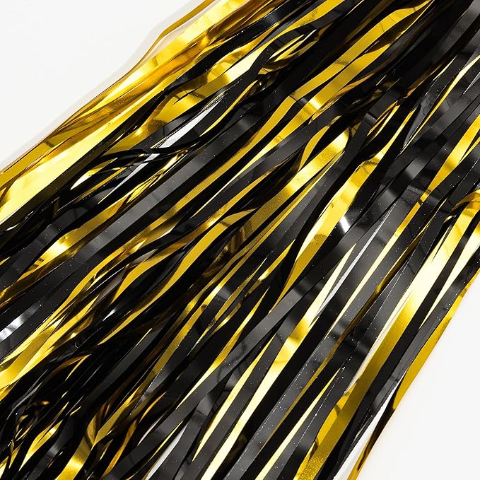 Black and Gold Party Streamers Decoration - GREATRIL Foil Fringe Backdrop for 2026 NYE/Anniversary/Farewell/Cocktail/Prom/EID/Birthdays - 3.2ft X 8.2ft - 2 Packs