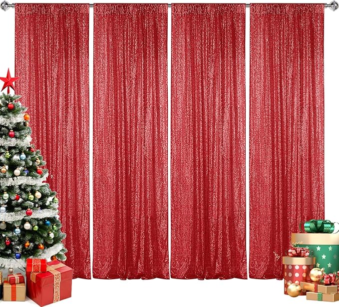 Sugargirl Red Sequin Backdrop Curtain 4 Panels 2FTx8FT Glitter Red Background Drapes Sparkle Photography Backdrop for Party Wedding Birthday Wall Decoration