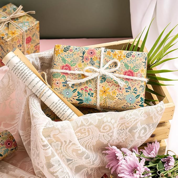WRAPAHOLIC 30 Inch Jumbo Kraft Floral Wrapping Paper Roll - 30 Inch x 100 Feet Jumbo Roll - Spring Summer Garden Flower Design Perfect for Wedding, Bridal Shower, Birthday