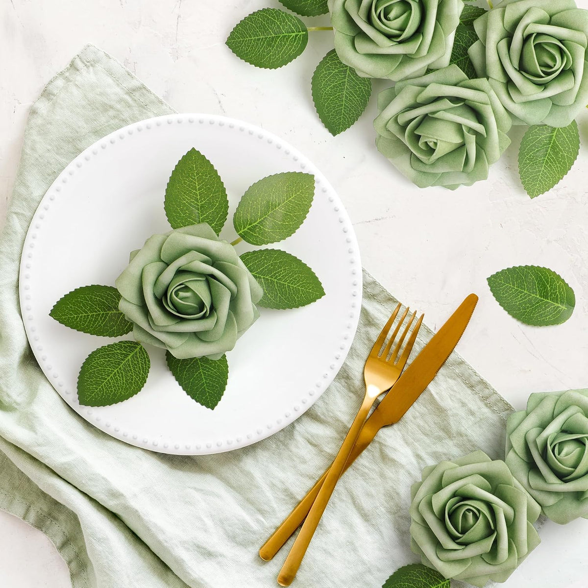 mocoosy 50pcs rose artificial flowers, sage green fake, close-up detail