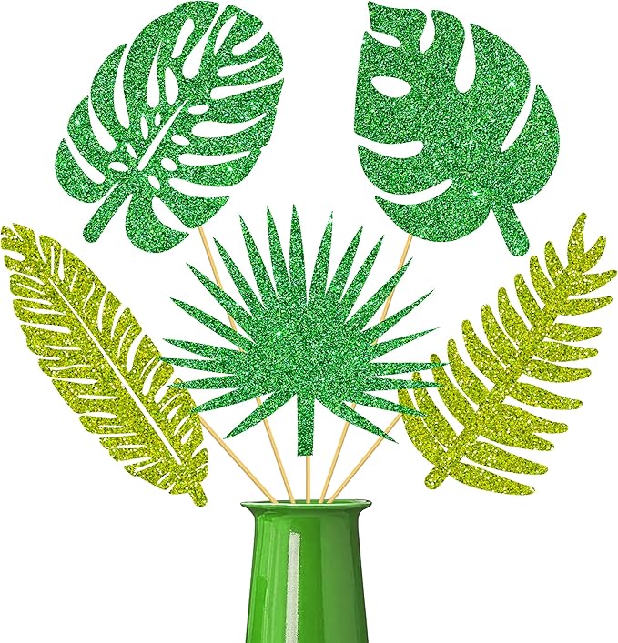 20pcs Glitter Tropical Leaves Centerpiece Decorations for Table Green Palm Leaf Theme Centerpiece Sticks Hawaiian Luau Birthday Decorations for Summer Jungle Theme Birthday Party Baby Shower Supplies