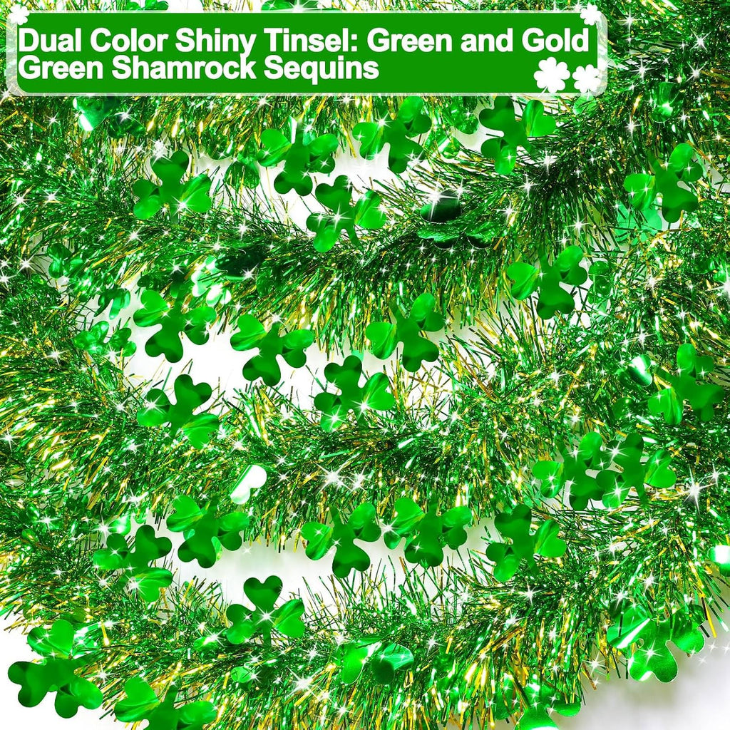 TURNMEON 33 Ft St. Patrick's Day Tinsel Garland Decorations Green Gold Shamrock Garland Clover Metallic Streamer Hanging St Patricks Day Decorations for Home Indoor Outdoor Irish Party Supplies