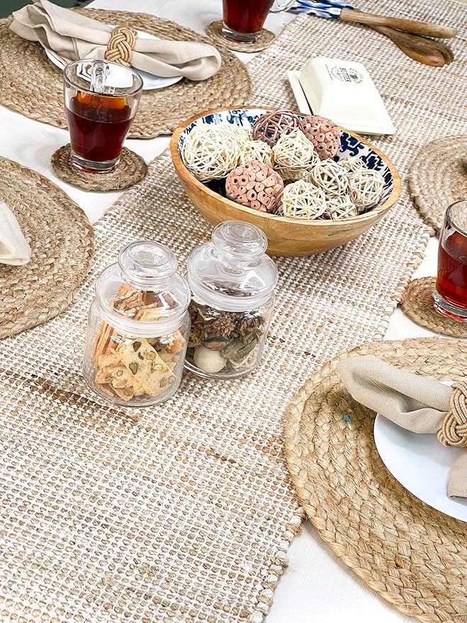 Chardin home Natural Jute Table Runner 13x90 Inch – Vintage Boho Rustic Table Decor – Handwoven Table Runner in Natural Jute and Ivory – Farmhouse Dining or Console Table Accent