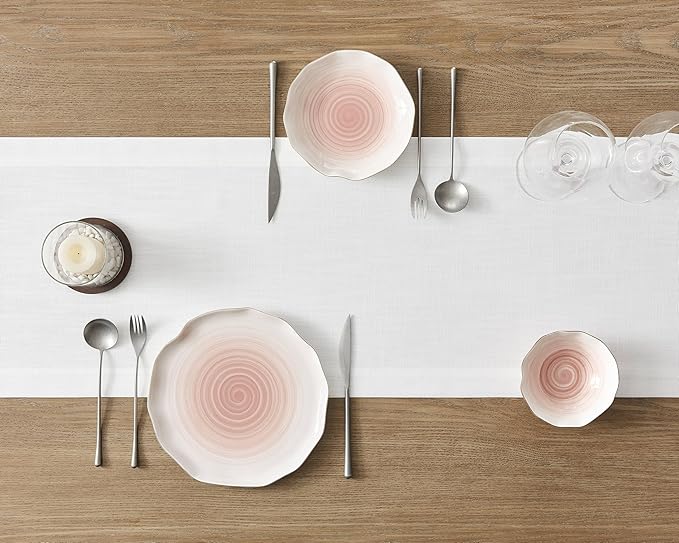 ZeeMart Linen Textured Border Table Runner, 14 x 60 Inch White, Farmhouse Style White Table Runners 60 Inches Long, Easy Care Everyday Polyester Table Runner