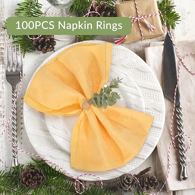 Defined Deco Napkin Rings - Set of 100, Rustic Farmhouse Boho Green Leaf Wooden Napkin Rings for Spring Summer, Thanksgiving Christmas, Wedding Table Decor