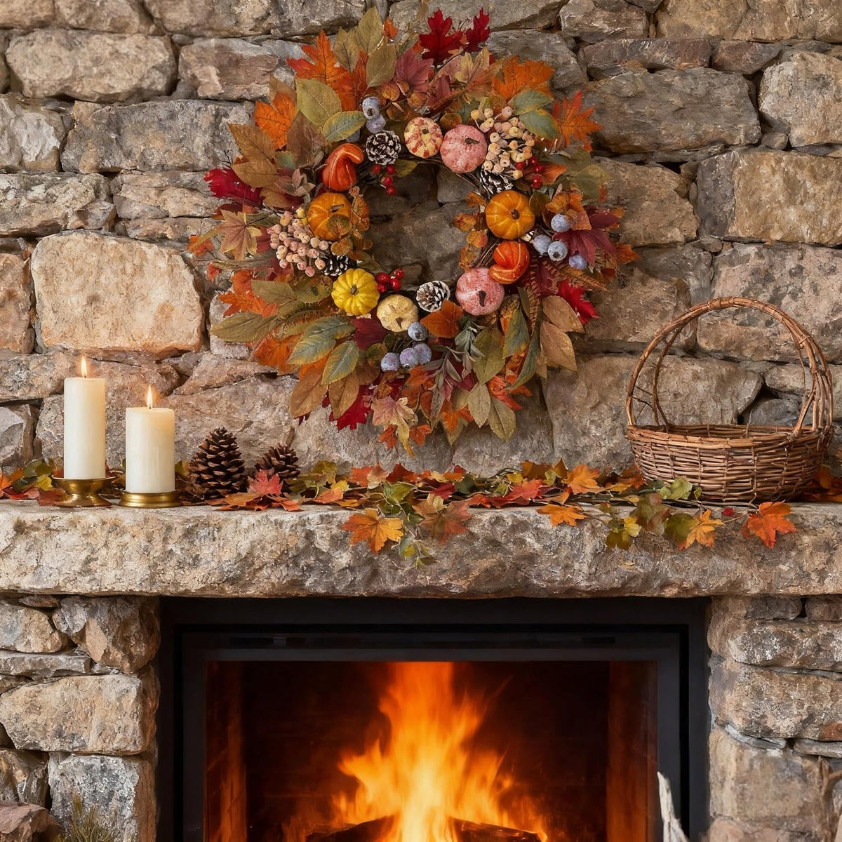 HipTree 24In Fall Wreath Pumpkin Maple Berry Front Door Thanksgiving Decor