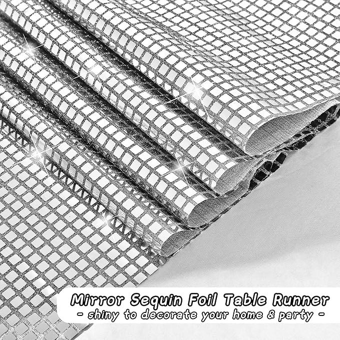 durony 2 Pack Disco Party Table Runner 11 x 108 Inch Mirror Silver Glitter Foil with Sparkle Sequin Table Runner for 70s Bachelorette Parties Disco Cowgirl Party Decorations