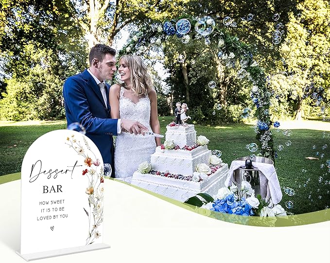 Boho Floral Dessert Bar Sign, 6 x 8 Inch White Arch Acrylic Wedding Sign with Holder, Wedding Sign for Ceremony and Reception, Wedding Decoration, Wedding Supplies - BX21