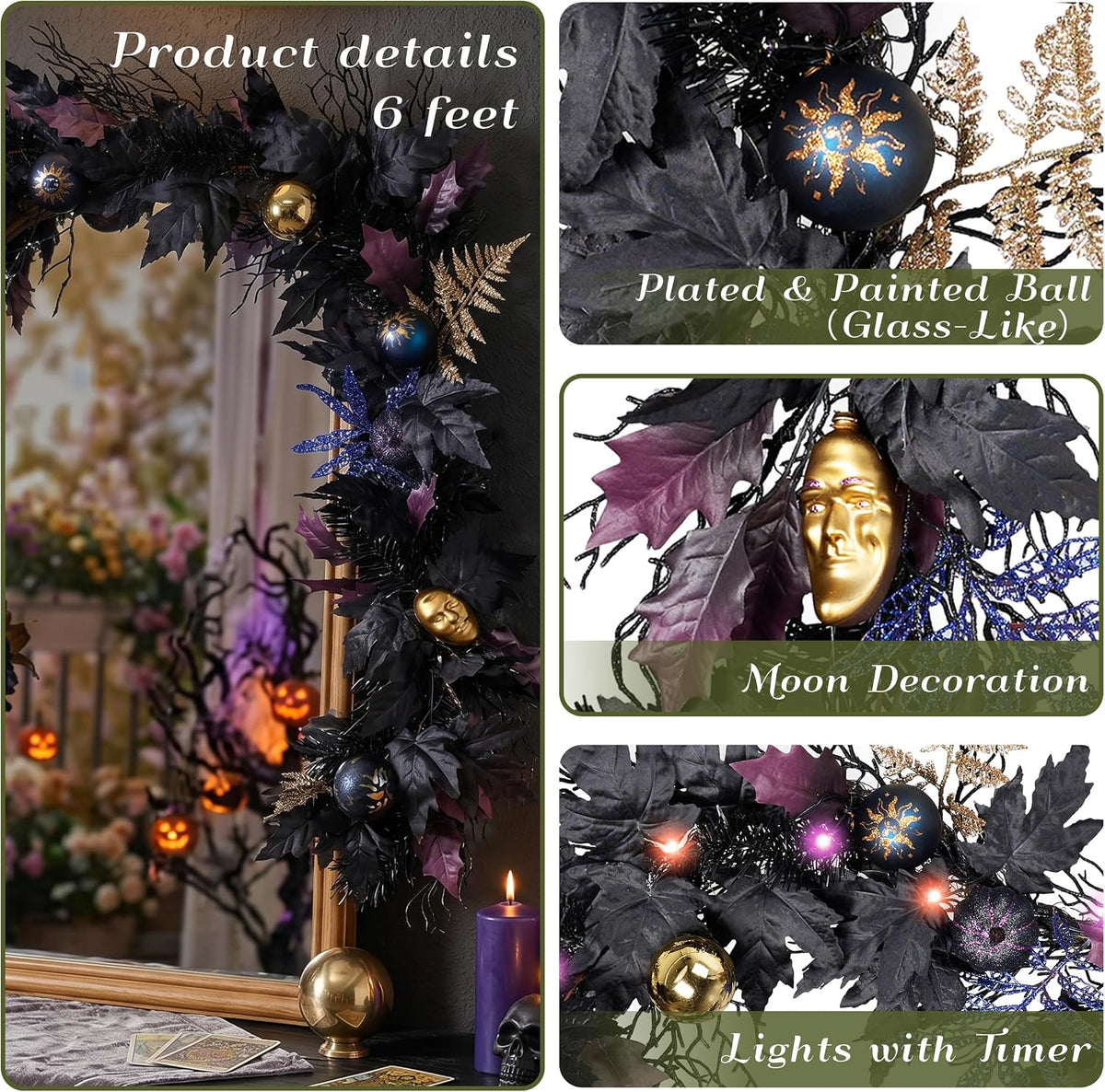 decorbyhannah 6ft halloween garland for mantle with lights, side view