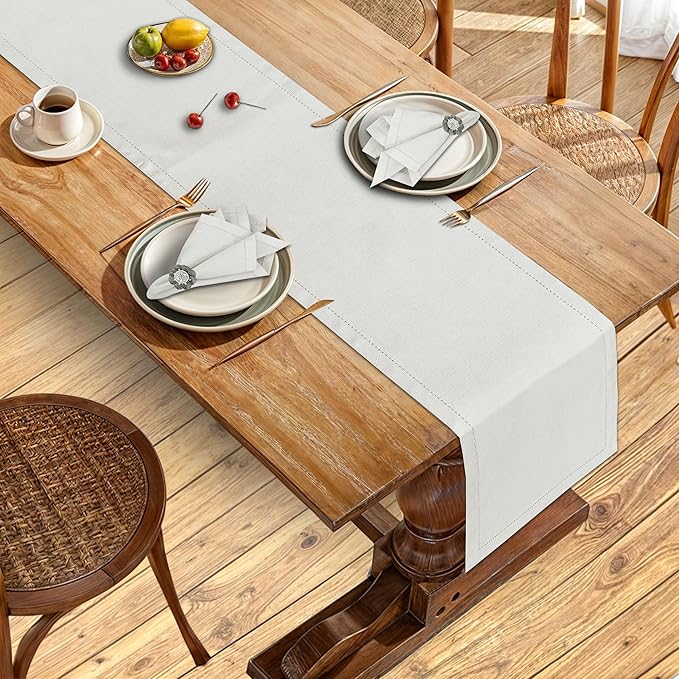 Ruvanti Linen Table Runner 72 Inches, Classic Hemstitch, Washable, Reusable, Non-Slipping, Stain Resistant- Perfect for Parties, Weddings, Dinners, Thanksgiving, Christmas, Indoor use – Ivory