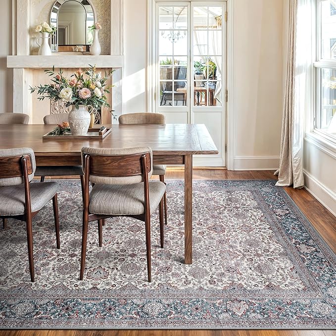 Bloom Rugs Washable Non-Slip 9' x 12' Rug - Teal/Blue/Beige Traditional Oriental Area Rug for Living Room, Bedroom, Dining Room, and Kitchen - Exact Size: 9' x 12'