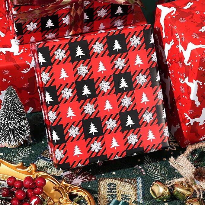 Ulmasinn Reversible Christmas Wrapping Paper Roll - 17" x33ft Double-Sided Designs with Red Nordic Reindeer & Geometric Snowflake, Xmas Gift Wrap for Presents, Table Decor & Crafting