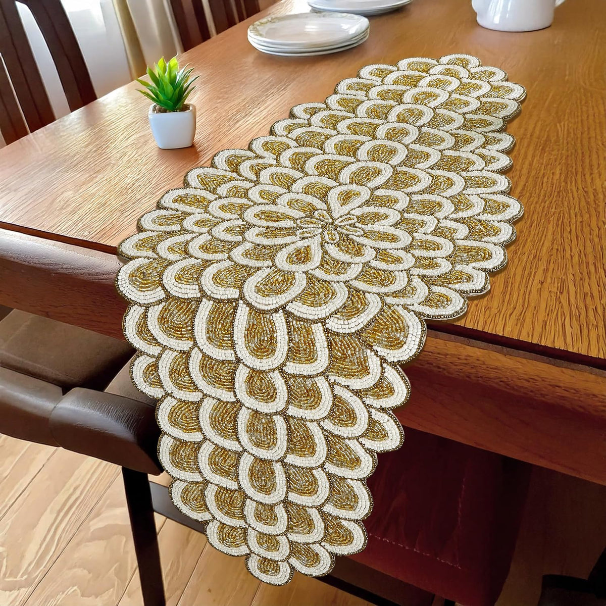 CLEENTABLE Gold Beaded Table Runner, 36 in, Farmhouse Holiday Décor