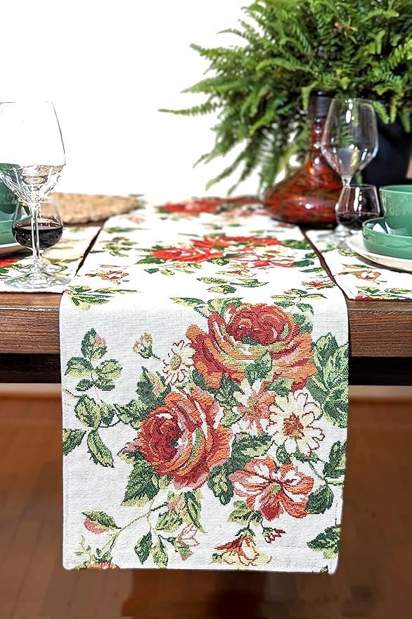 Tache Sweet Roses Spring Summer Traditional Country Vintage White Red Floral Decorative Woven Tapestry Dresser Kitchen Coffee Table Runners, 13x54