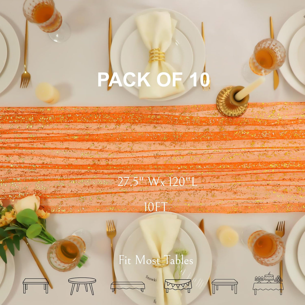 10Pcs Orange Gold Table Runner Metallic Foil Shimmer Sheer Gauze Decor 10ft