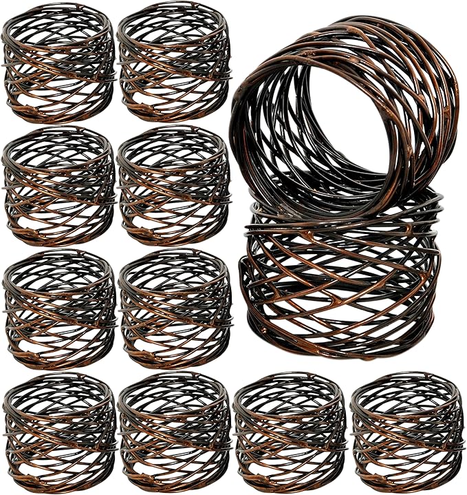 Twisted Wire Mesh Napkin Rings Holders Set of 12 - Heavy Duty Metal Napkin Rings for Décor, Dinner, Party, Wedding, Christmas, Gathering, Everyday Use, Gifting (Bronze) - CLEENTABLE
