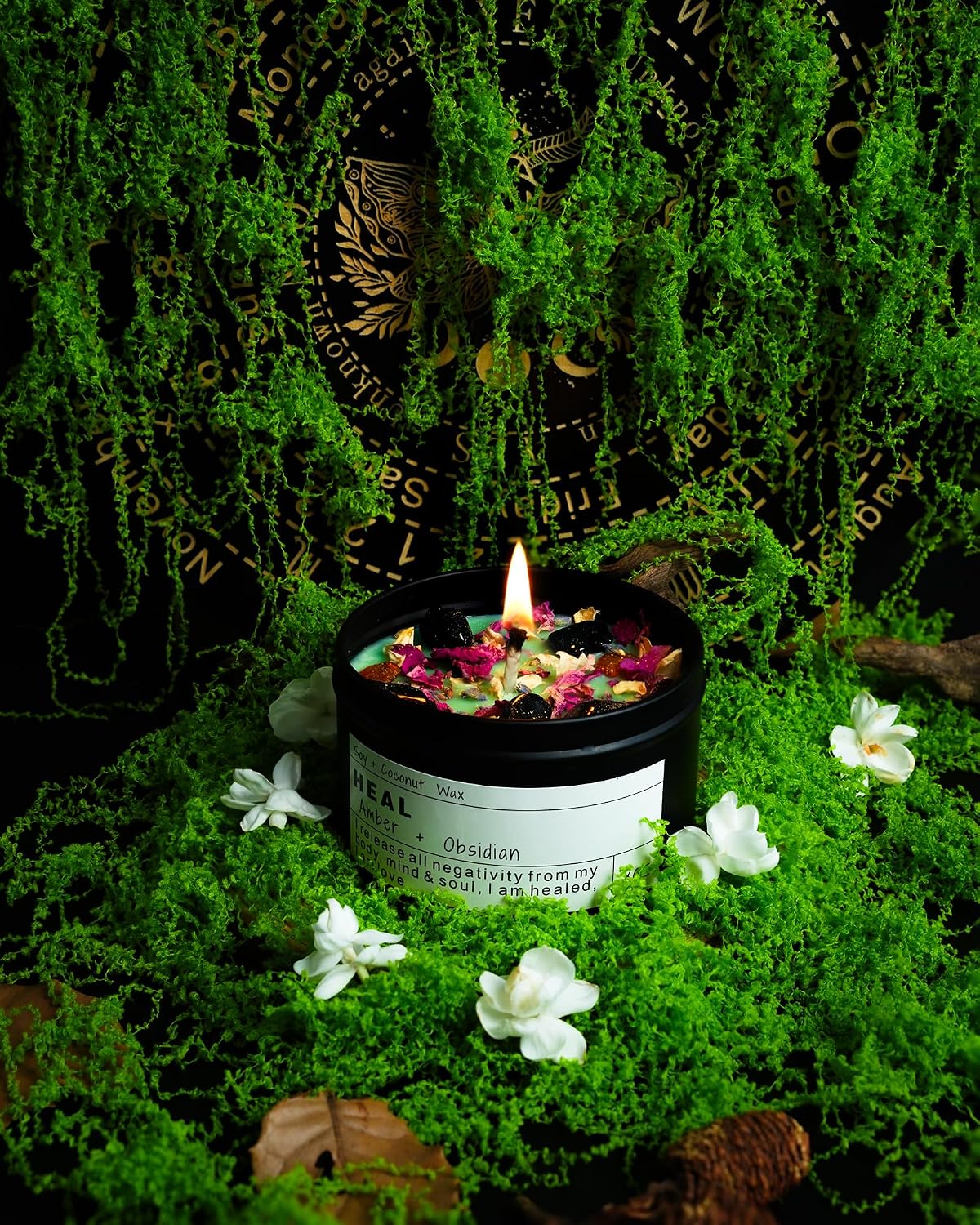 Obsidian Crystal Energy Candle, Good Aura Health Protection, Baltic Amber Chakra Magic Self-Care, Emotional Support, Encouragement and Affirmation Gift.(HEAL)