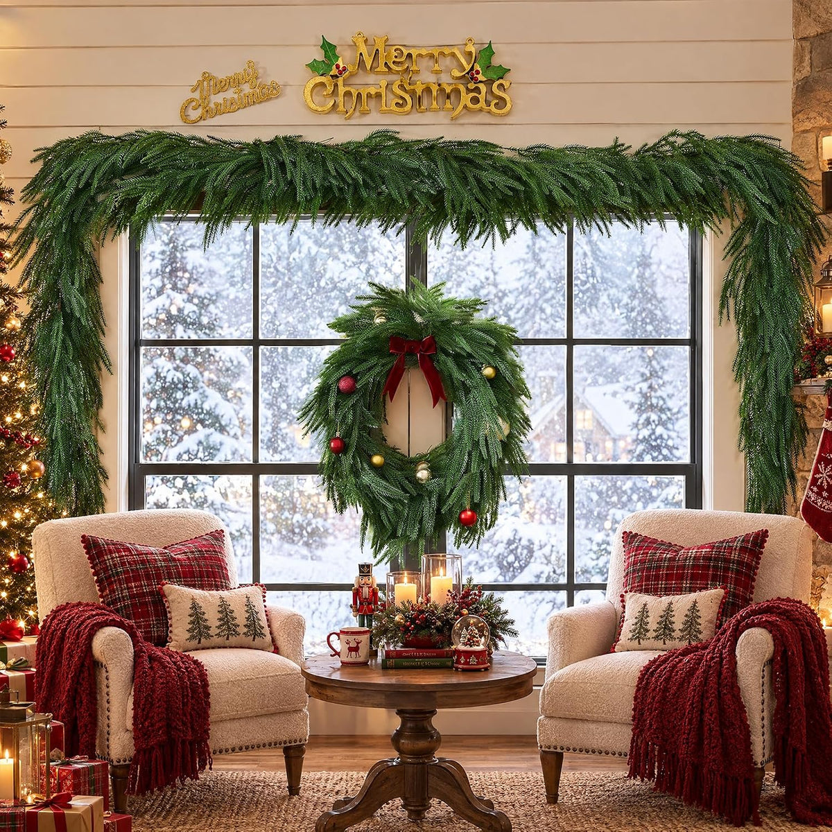 cleangor 2pcs 6ft norfolk pine garlands for christmas, close-up detail