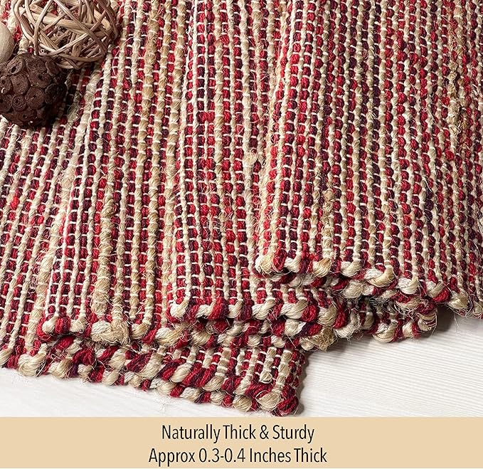 Chardin home Natural Jute Table Runner 13x48 Inch – Vintage Boho Rustic Table Decor – Handwoven Table Runner in Natural Jute and Red – Farmhouse Dining or Console Table Accent