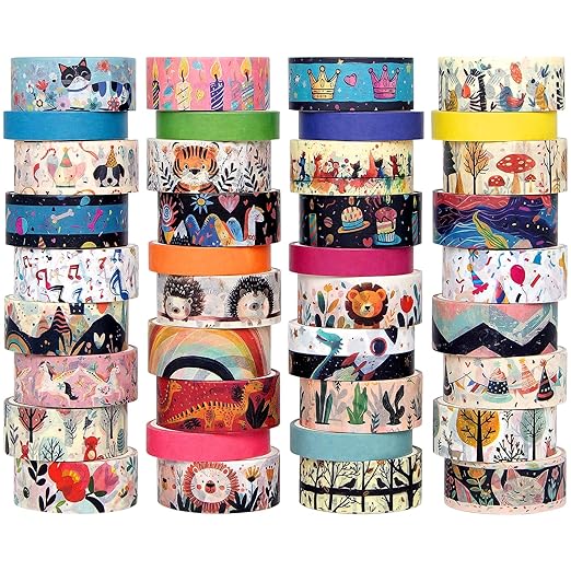 Washi Tape Set 39 Rolls - Cute Animal Colored Decorative Adhesive Tape for Kids, Masking Tape for Scrapbooking Supplies, DIY Crafts, Gift Wrapping, Junk Journal, Planners, School Supplies
