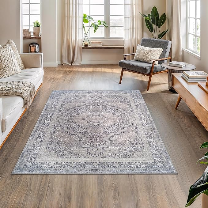 Bloom Rugs Washable Non-Slip 4' x 6' Rug - Blue/Steel Gray/Beige Traditional Medallion Area Rug for Living Room, Bedroom, Dining Room, and Kitchen - Exact Size: 4' x 6'