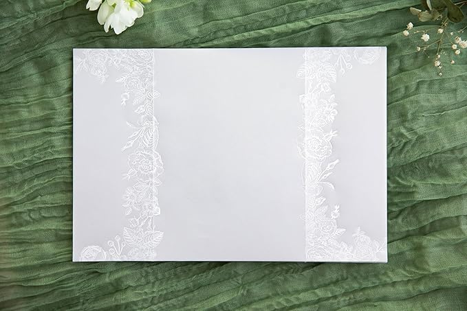 PONATIA 50PCS White Vellum Jackets for 5x7 Invitation Cards- 135GSM White Foil Print Flowers Sleeves, Vellum Paper 5x7 Wraps - Transparent Christmas Gift Cards Jackets
