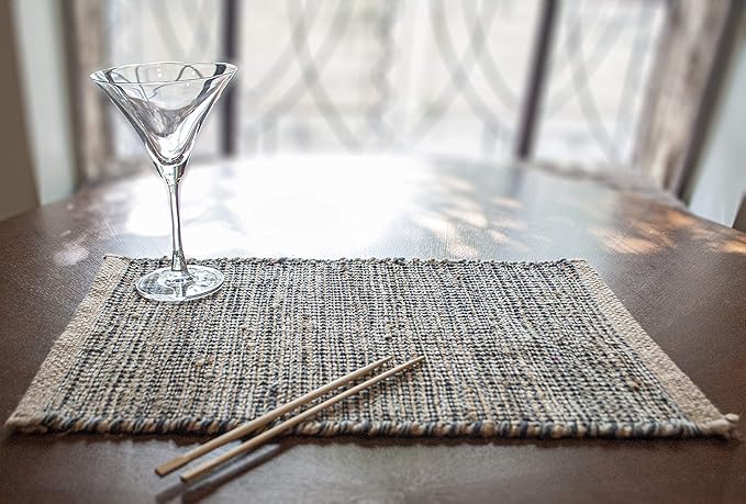 Chardin Home Natural Jute & Grey Placemats, Set of 4 – Rustic Handmade Boho Table Mats, 13x19 Inch Dining Table Placemats for Kitchen, Everyday Meals, Holidays, Farmhouse or Modern Table Décor