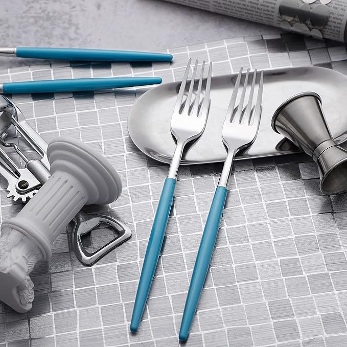 WELLIFE 144Pcs Blue Plastic Silverware, Heavy Duty Plastic Flatware with Blue Handle, Includes 48 Forks,48 Knives,48 Spoons for Party