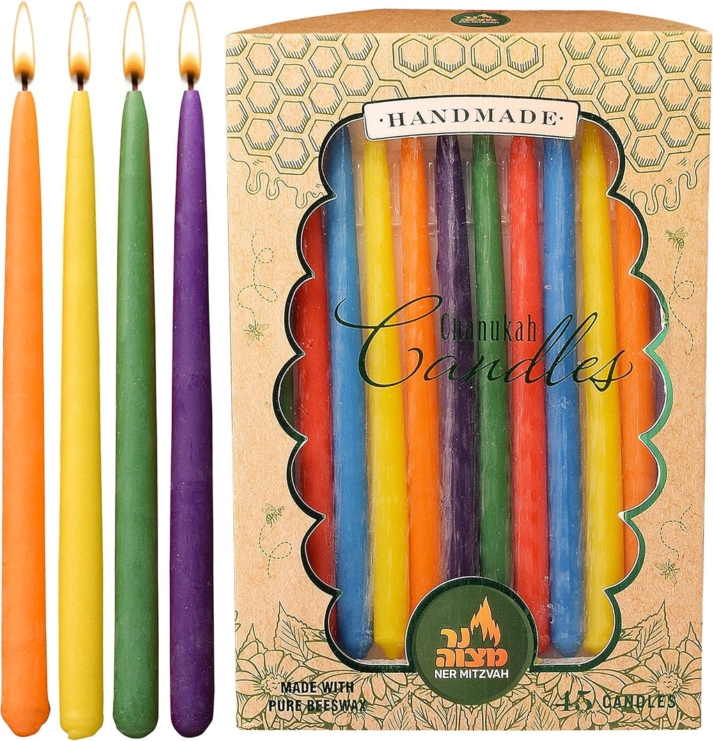 Ner Mitzvah Beeswax Chanukah Candles Most Menorahs - Beeswax Candles, Premium Quality Pure Bees Wax for All 8 Nights of Hanukkah - Standard Size Fits - Multicolored, 45 Count