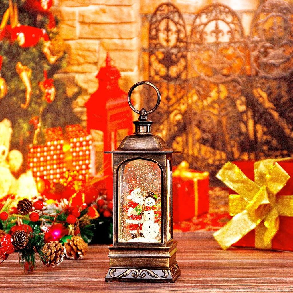 Christmas Snow Globe Lantern, Musical Snow Globe with Swirling Glitter, Battery Powered, Christmas Decorations Indoor for Home - Santa and Snowman