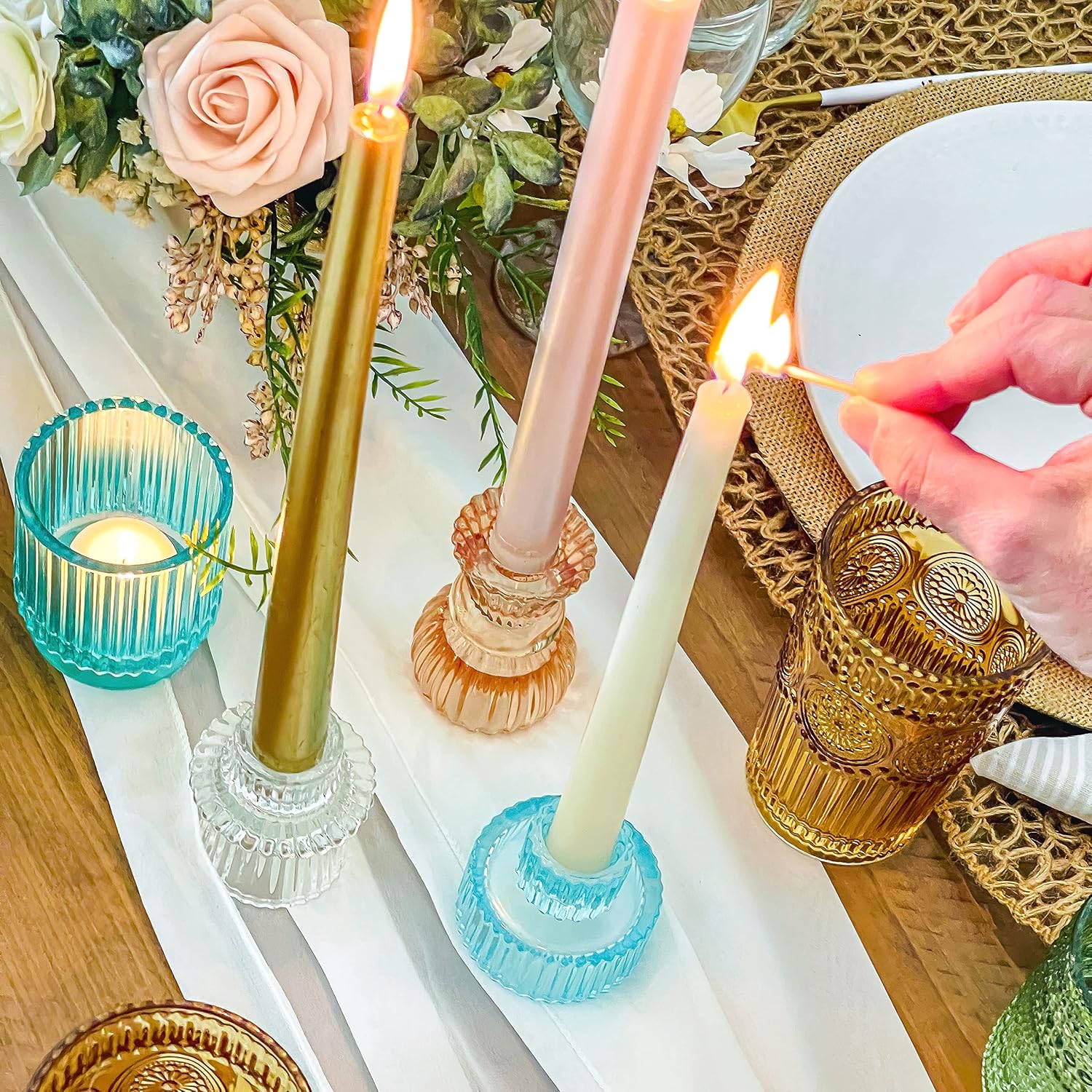 Kate Aspen Glass Taper Candle Holder Set of 6 - Rose Gold Ribbed Vintage Candlestick Votive Pillar Decorative Centerpiece for Dining Table Shelf Decor