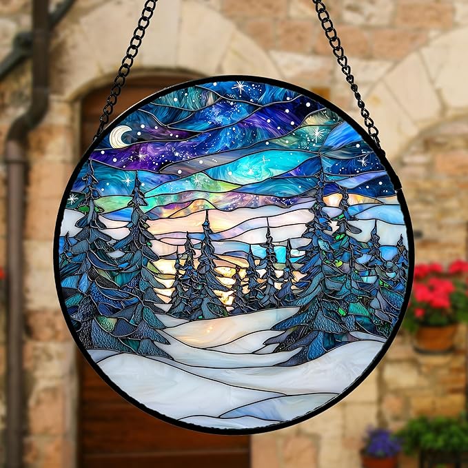 Stained Glass Window Hanging, Starry Sky Trees and Snow Sun Catchers Glass Panel Blue Suncatcher Decor for Birthday for Women, Men, Wife, Aunt, and Mom 9.8 in