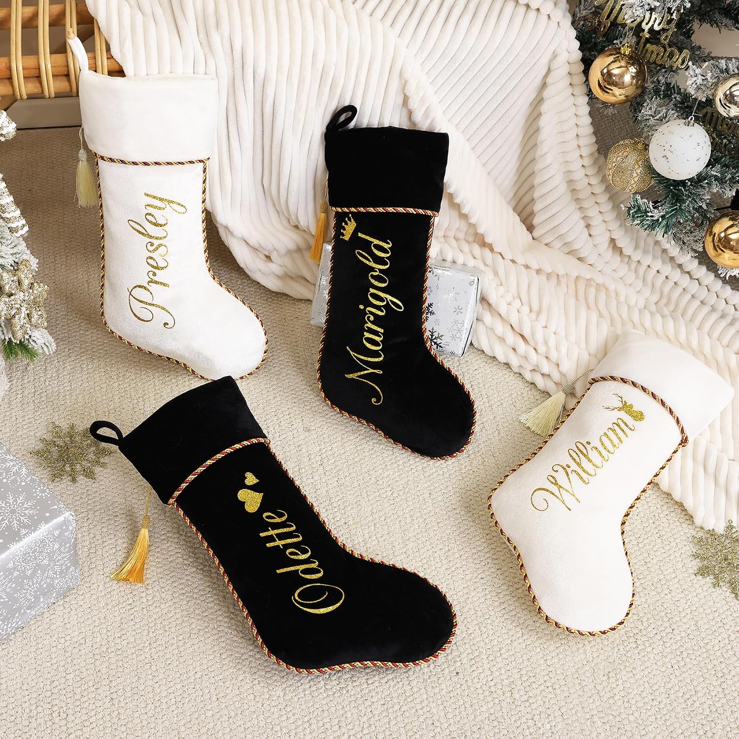 Personalized Christmas Stockings 1 Pack White Black Custom Christmas Stockings with Names Initials 20" Large Velvet Luxury Modern Kids Family Xmas Stocking for Farmhouse Holiday Fireplace