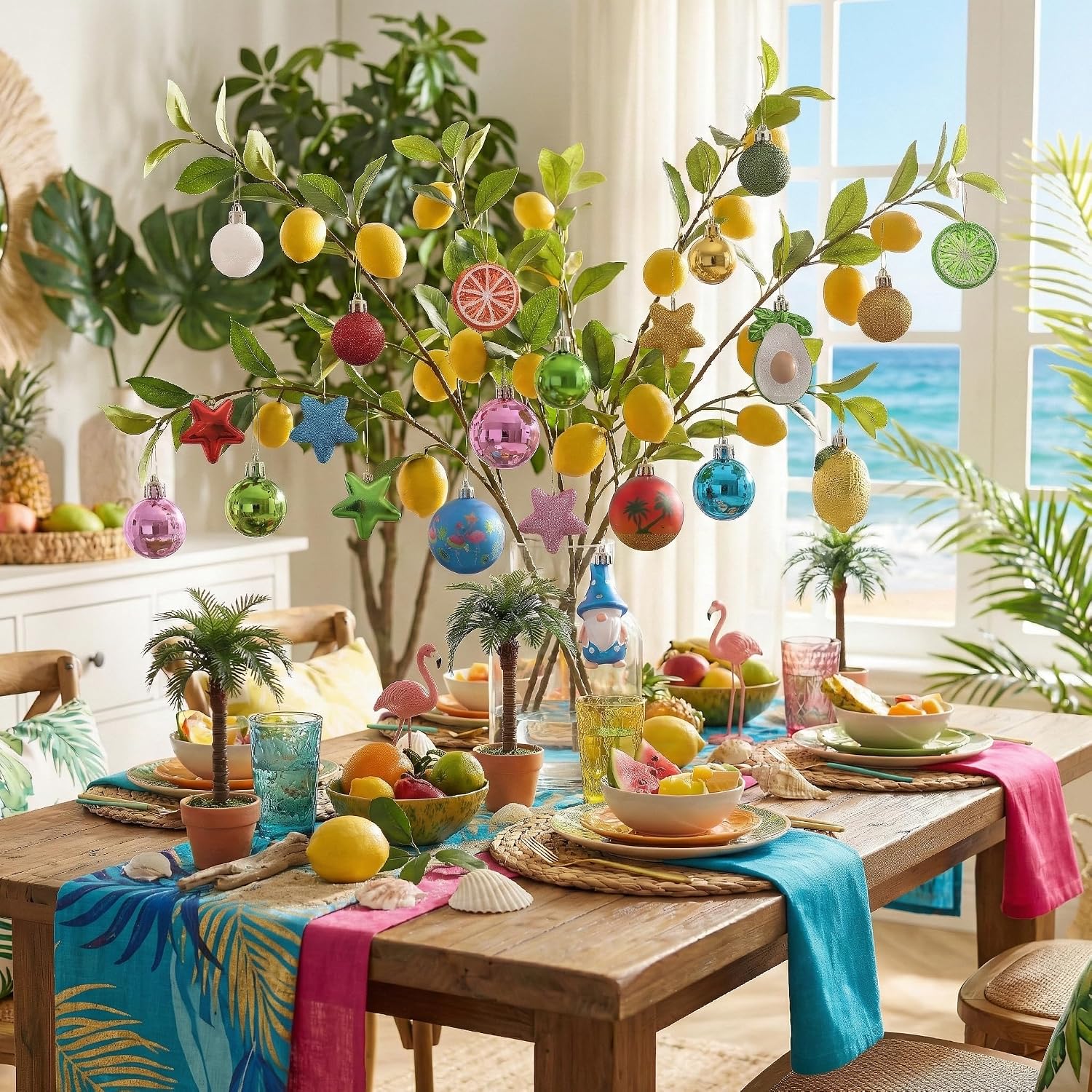 Valery Madelyn 30ct Summer Tree Ornaments Christmas in July Decorations | Coastal Beach Ocean Theme Set with Flamingo Gnome Avocado Lemon & Palm Tree Shatterproof Balls for Hawaiian Tropical Party