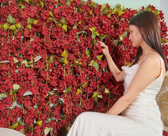 Flower Garland, Artificial Hydrangea Vine Flowers, Hanging Fake Hydrangeas Vine for Room Anniversary Wedding Birthday Christmas Wall Arch Decor, 2 Pcs, Floral Garland, Red Flower