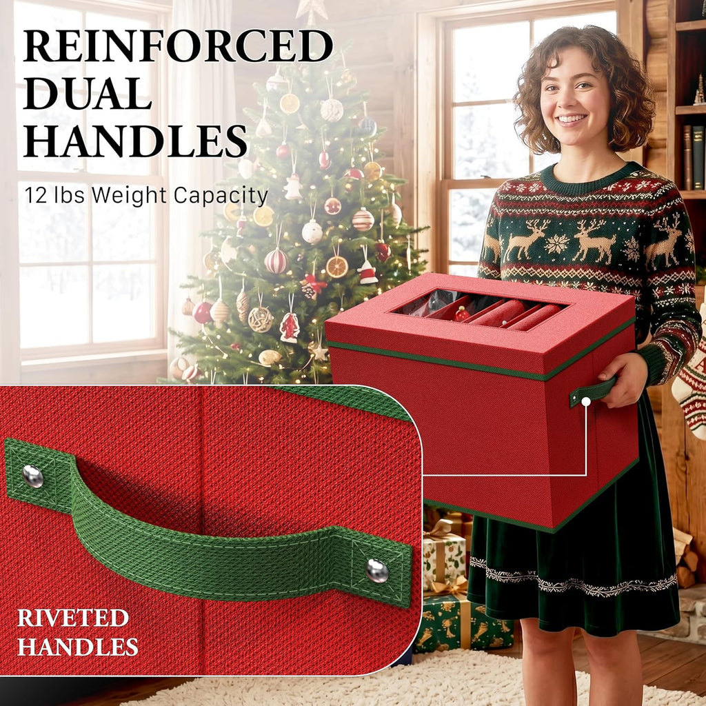 Simple Houseware Heavy-Duty Christmas Ornament Organizer Bin with 6 Padded Wraps, Adjustable Dividers for 12-inch Nutcrackers & Holiday Decorations, Clear Window