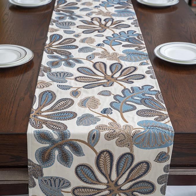 Mika Home Tropical Leaf Table Runner for Home Decor 13X72 Inches Blue Brown Seasonal Dining Table Decoration for Home