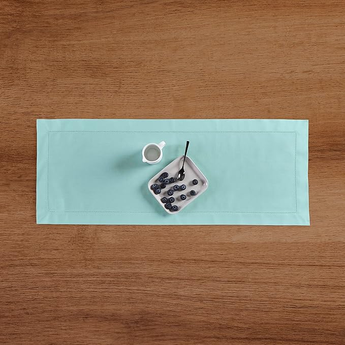 Solino Home Cotton Linen Table Runner 36 Inches - Pastel Turquoise Hemstitch Table Runner 14 x 36 Inch Ideal for Dresser and Coffee Tables