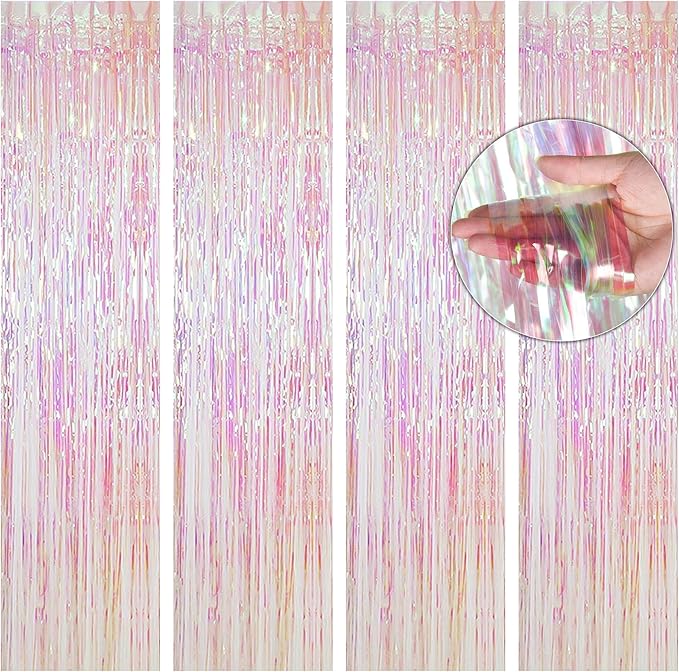 BTSD-home 4 Pack Iridescent Backdrop Transparent Clear Foil Fringe Curtain, Metallic Photo Booth Tinsel for Mermaid Frozen ERAS Wedding Birthday Baby Shower Bachelorette Party Decorations(8ft x 3ft)