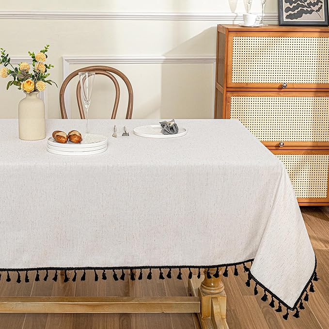 MYSKY HOME Table Cloth 60x60 in Rectangle Table, Heavy Duty Cotton Tassel Linen Look Waterproof Tablecloths Farmhouse Tablecloth, Wrinkle Free Table Cover with Beige Tassels for Kitchen Dining, Party