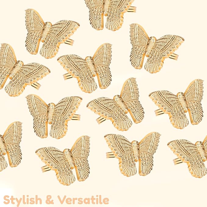 12 Pcs Gold Napkin Rings Set - Lightweight Metal Butterfly Bling Napkin Rings Guest Napkin Buckle for Wedding, Party, Gathering, Dinner, Table, Banquet, Decoration, Gifting - CLEENTABLE