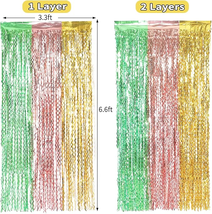 3 Pack Gold Green and Rose Gold Foil Curtain Party Decorations - 3.3x6.6fr Tinsel Streamers for Hawaiian Summer Tropical Beach Luau Themed Party Photo Booth Props Backdrop